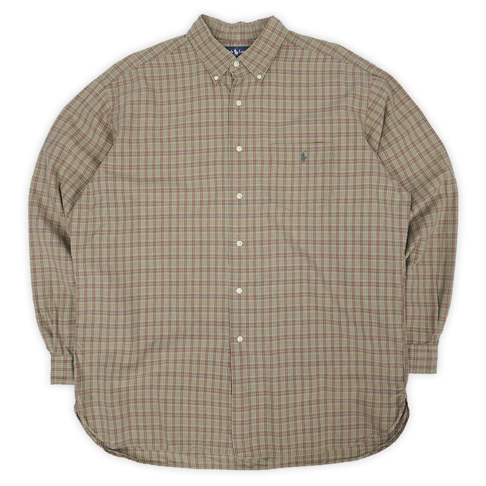 ポロラルフローレン POLO RALPH LAUREN 90s 90年代 MAMEEL ボタンダウンシャツ マチ付き 3点留め BD ロゴ 刺繍 PRL USA ヴィンテージ アメリカ 古着 メンズ ブラウン系 チェック XL