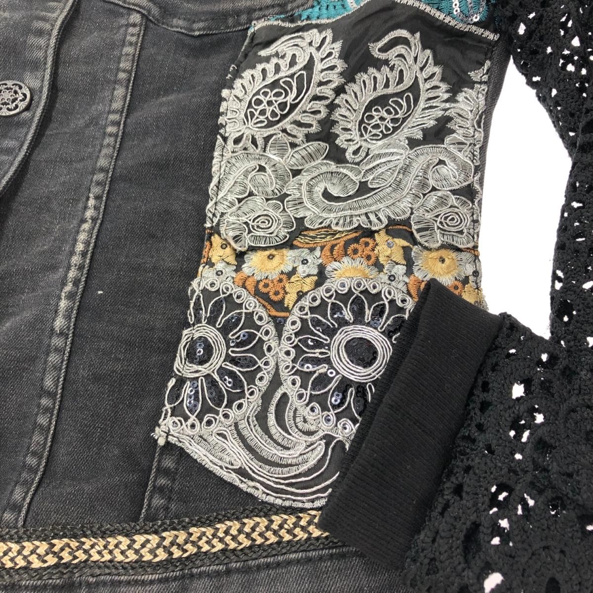 Desigual デシグアル デニムジャケット ブラック exotic jeans 刺繍 袖ブロッキング かぎ編み コットン混 レディース  240002228708 - メルカリ