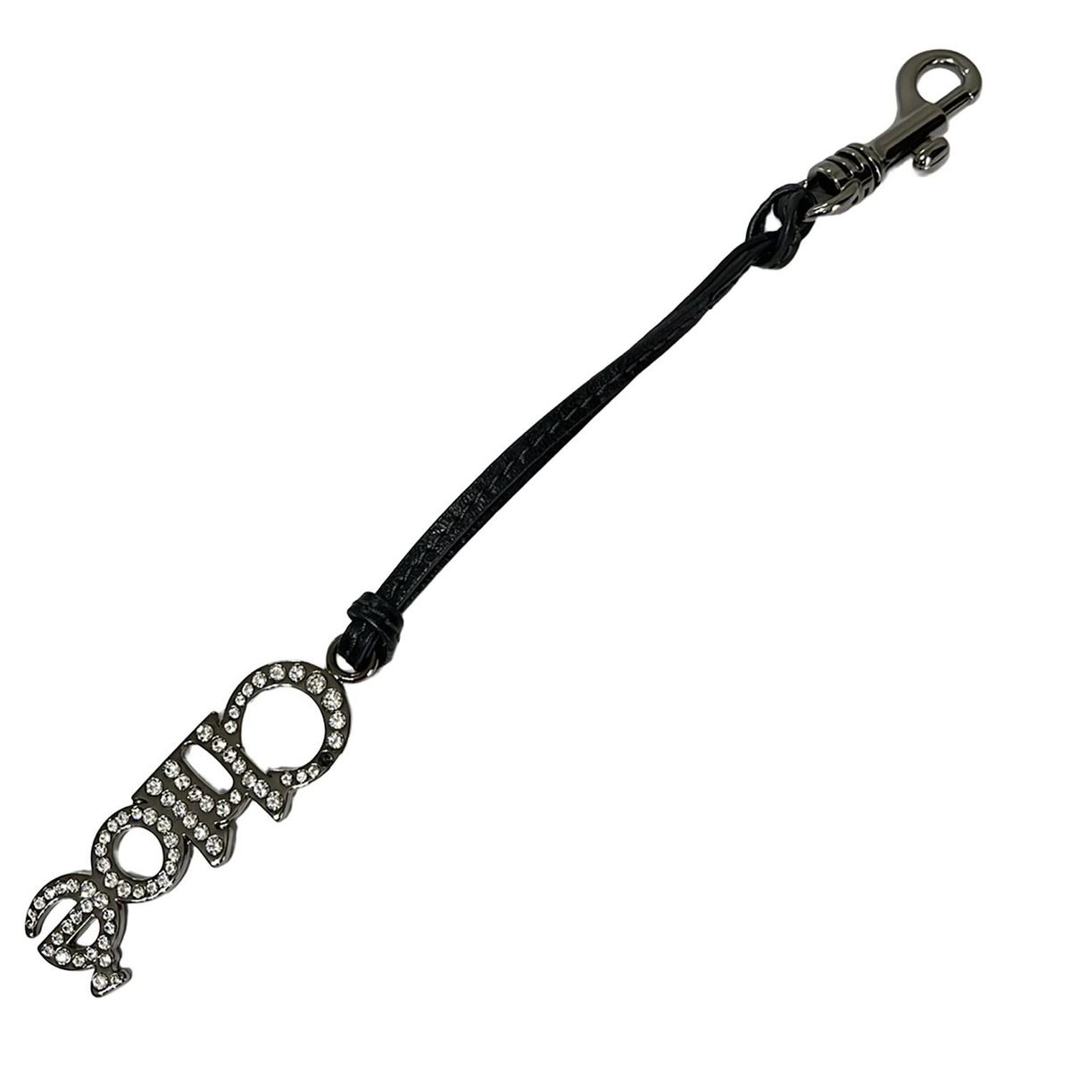 Chloe クロエ キーホルダー チャーム - シルバー×黒×クリア ラインストーン レザー