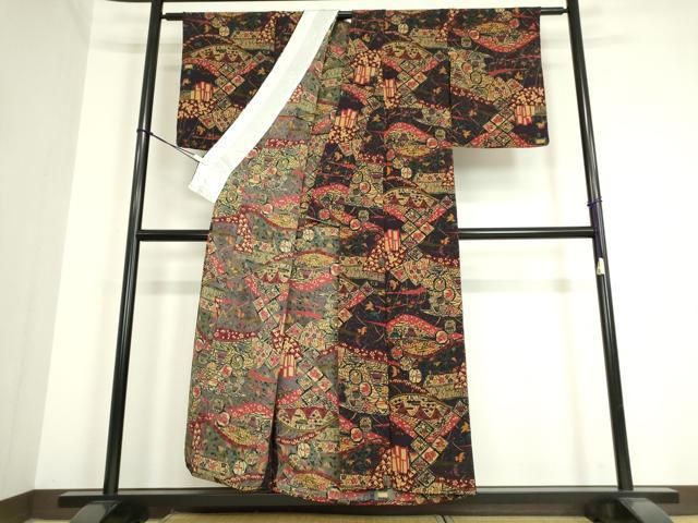 平和屋着物▽上質な小紋 単衣 一珍染 風景文 正絹 逸品