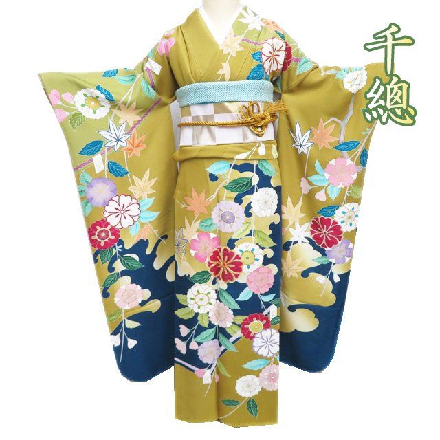 高級和装小物　新品 特選 振袖 着物 中古 正絹 金駒刺繍 千總 花の図 桜 紅葉 芥子色