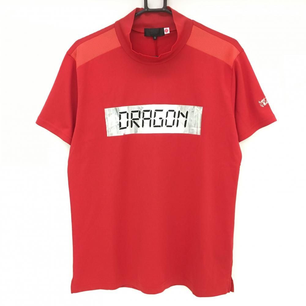 特価【美品】ダンスウィズドラゴン 半袖ハイネックシャツ レッド 胸シルバープリント  メンズ 3(L) ゴルフウェア Dance With Dragon