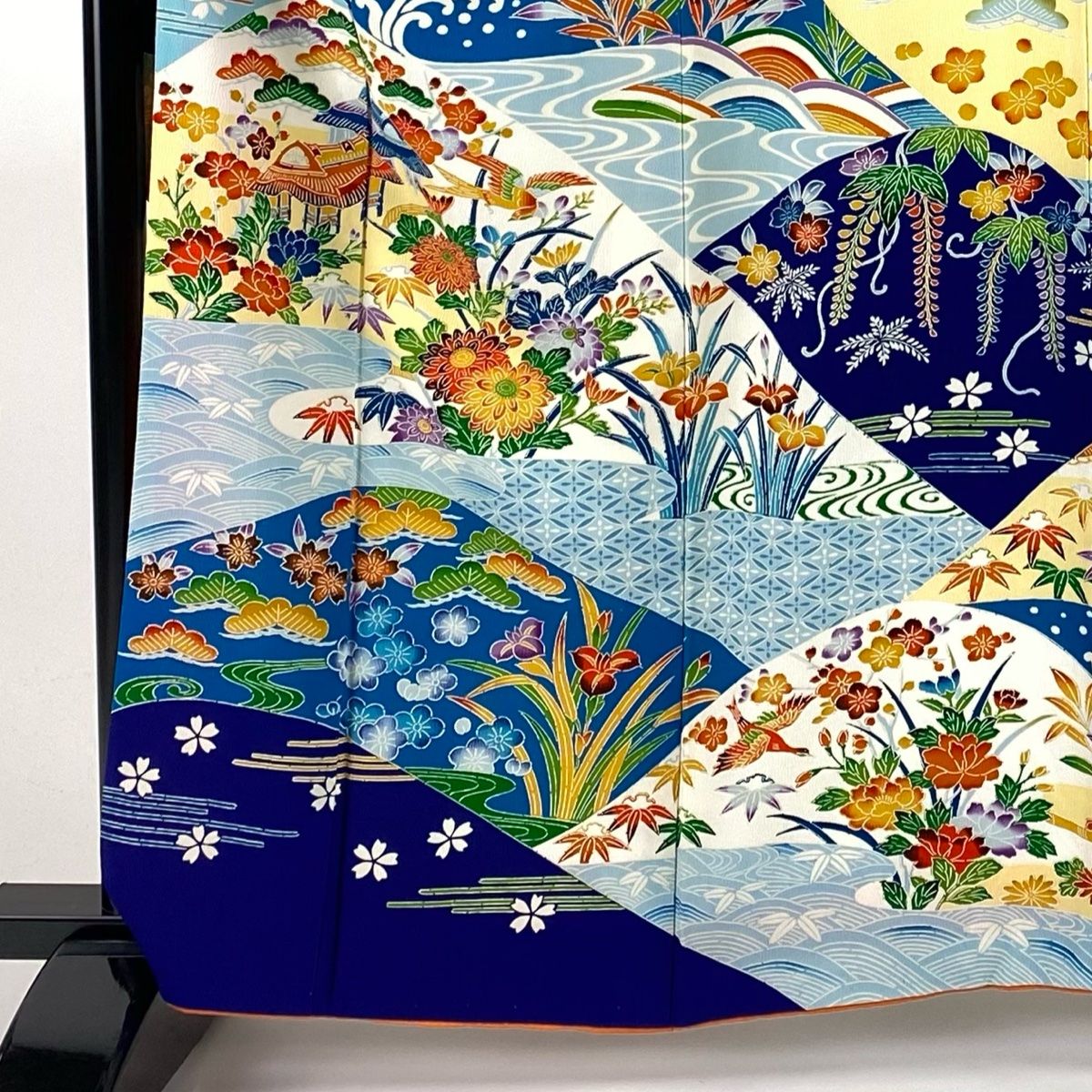 振袖 身丈160.5cm 裄丈66.5cm M 袷 家屋 松竹梅 縮緬 水色 正絹 名品