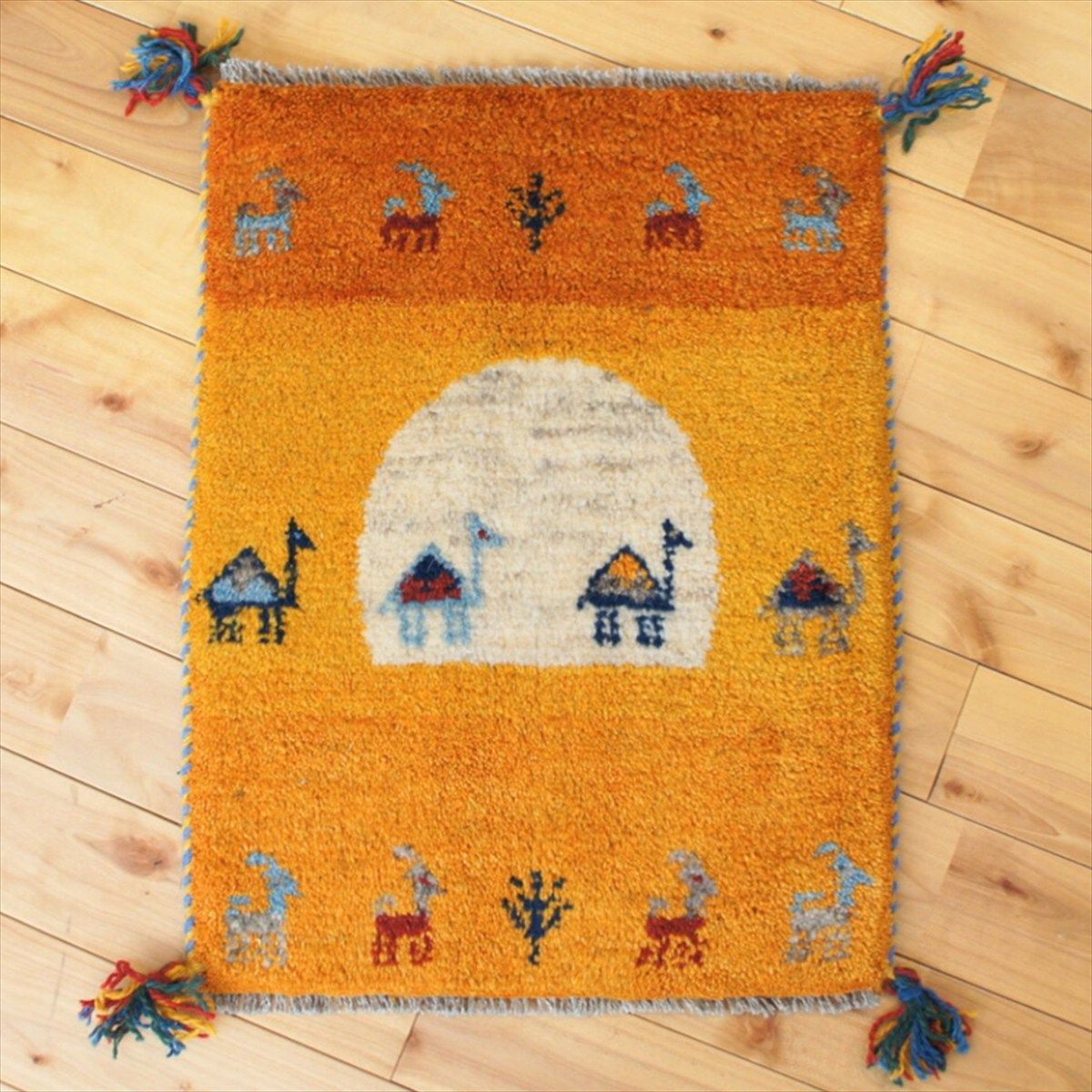 ペルシャ ギャッベ 玄関マット小 55.5x42cm 風景 ラクダ 夕陽 砂漠 NN19919