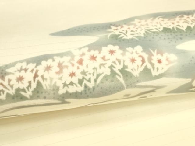 平和屋着物□極上 夏物 九寸名古屋帯 手描き 藍 万寿菊 金彩 麻