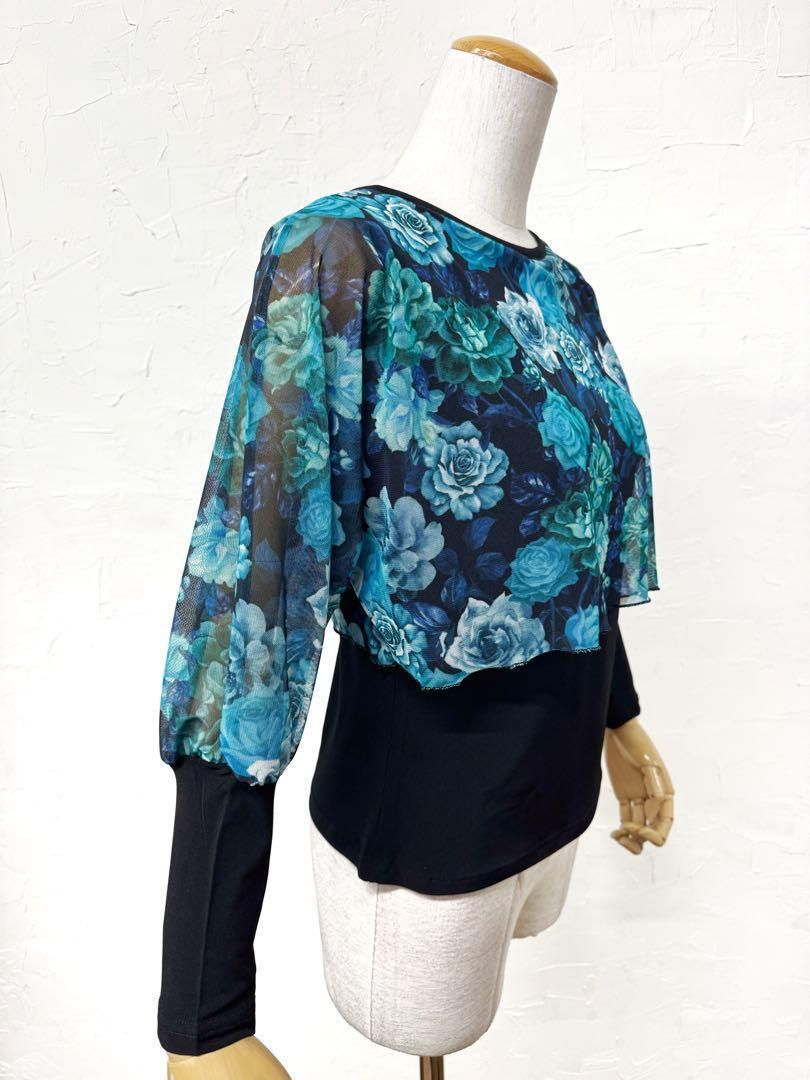 TAKAダンス Mサイズ社交ダンスブルー花柄カットソー837