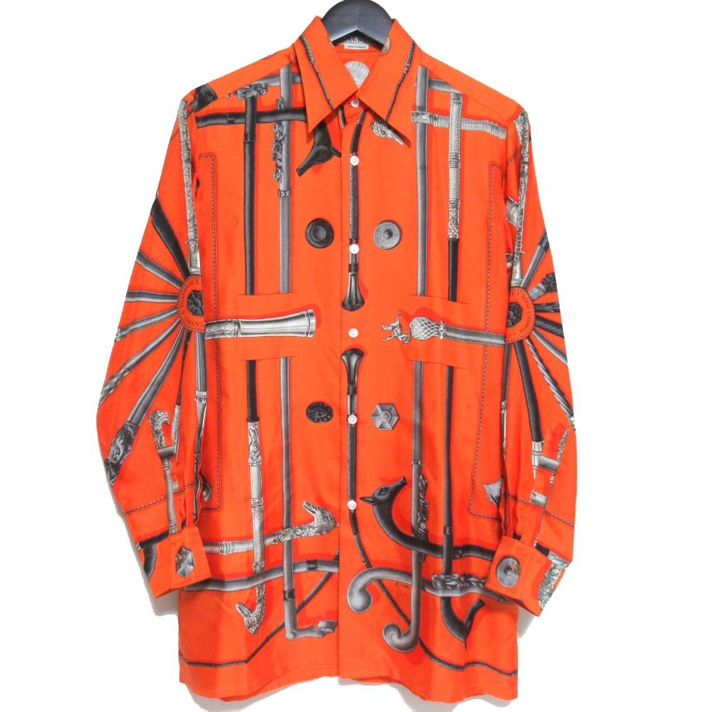 HERMES エルメス CANNES ET POMMEAUX 総柄 シルク セリエボタン 長袖 シャツ 37 14 1|2 オレンジ メンズ 古着