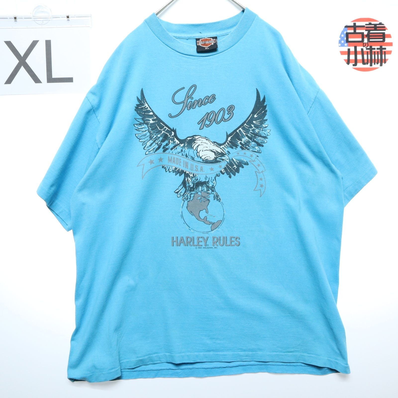 希少!! HARLEY DAVIDSON ハーレーダビッドソン XLサイズ 【B品 訳あり】 コピーライト USA製90s アメリカ古着 Tシャツ  半袖 ヴィンテージ シングルステッチ イーグル バックデカロゴ 両面プリント 無地 青 ブルー D7a835 - メルカリ