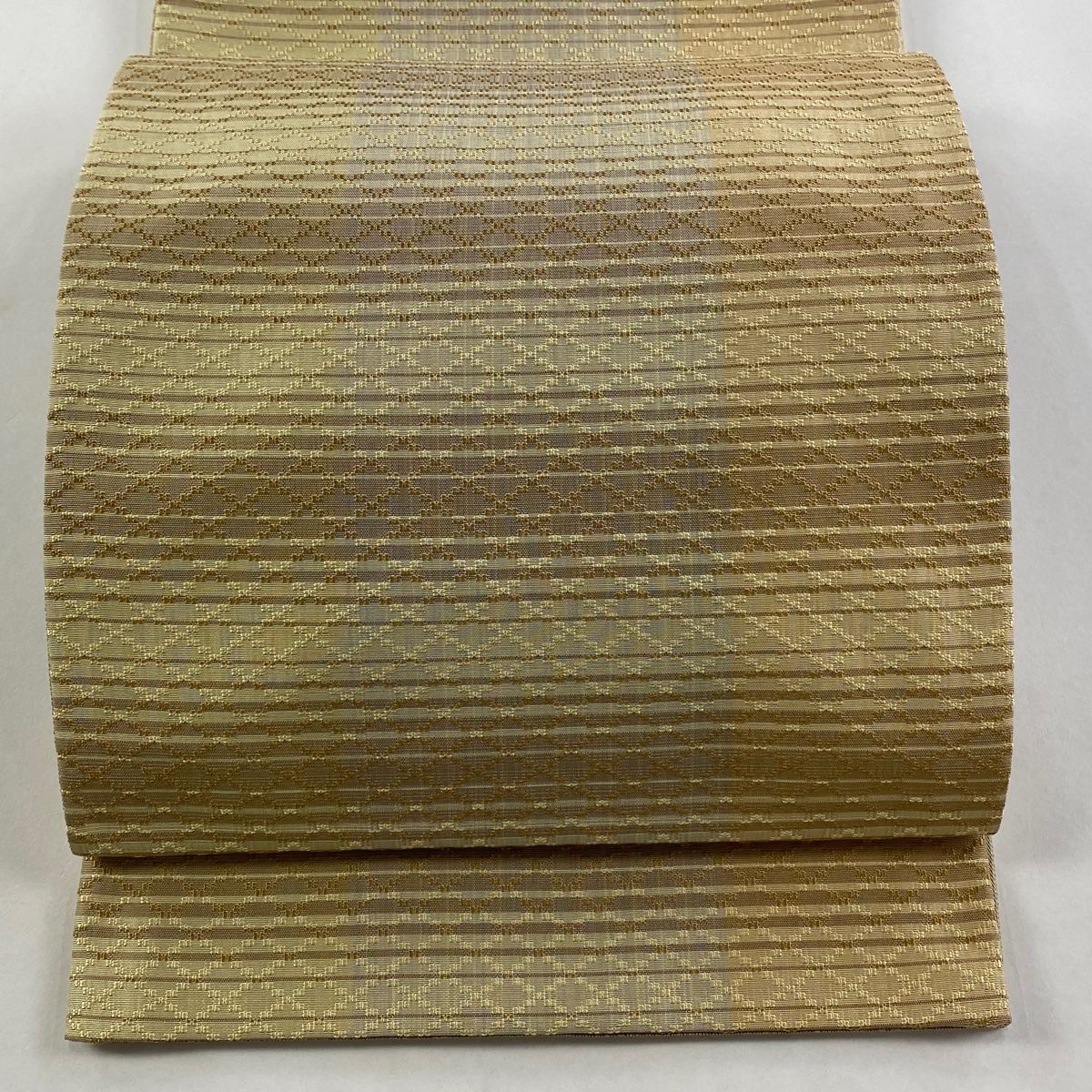 袋帯 証紙 南風原花織 縞 斜め格子 花織 ベージュ 全通 正絹