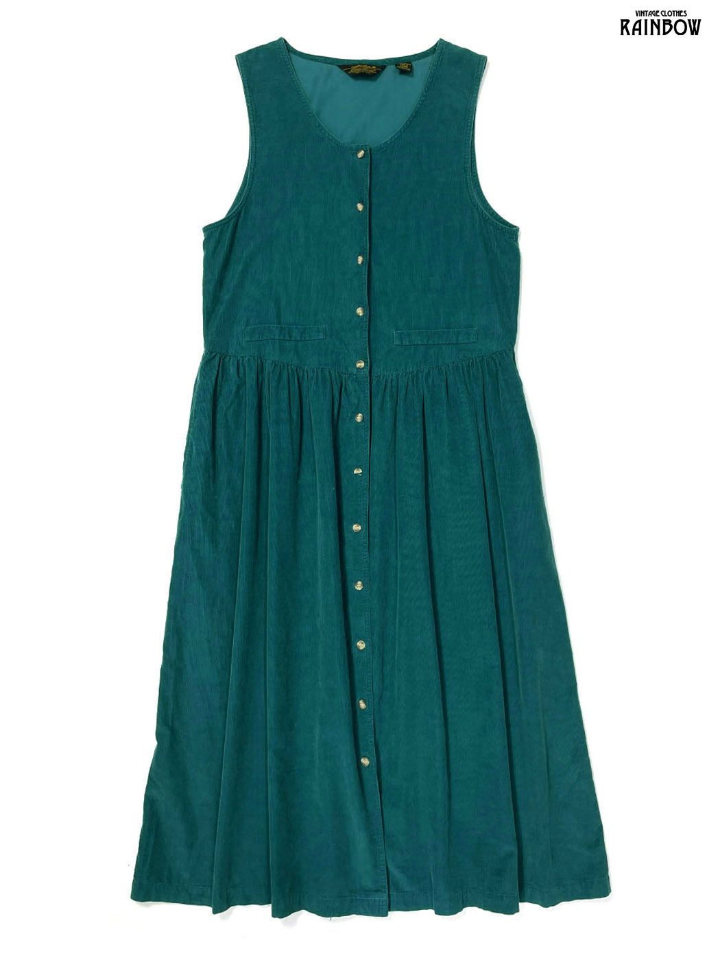 古着 Eddie Bauer エディーバウアー 前開き 無地 コーデュロイ ロング丈 ノースリーブ ワンピース 緑 otu2508082