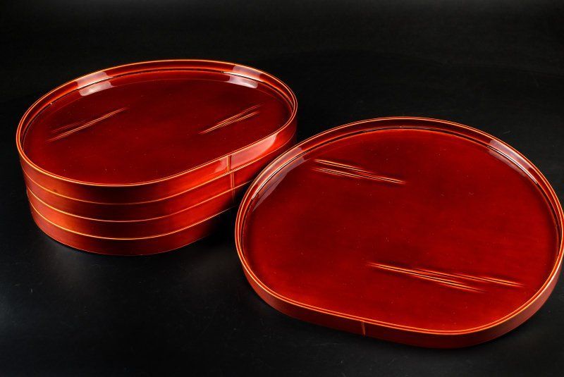 蔵A5096a 飛騨春慶塗 蛤型盆 会席膳 五枚