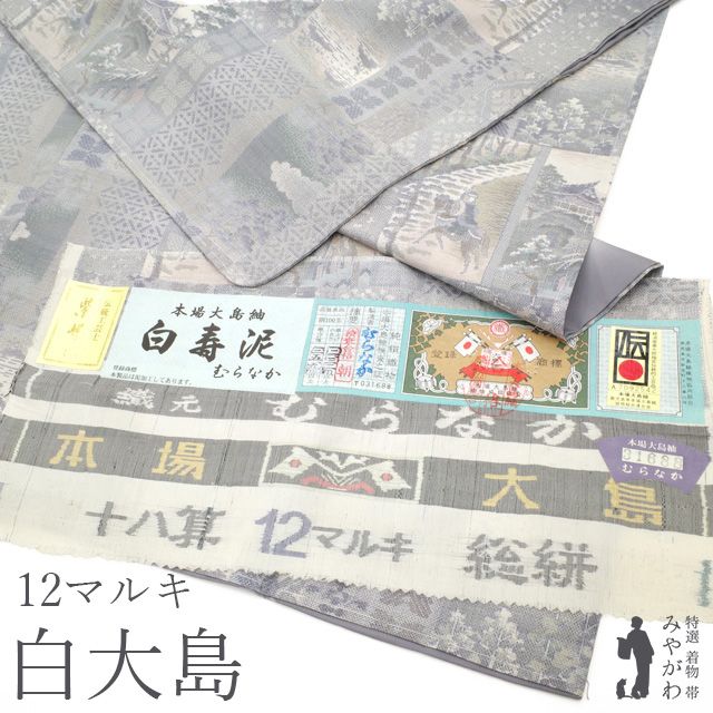 本場大島紬 袷 着物 リサイクル 正絹 白大島 白寿泥 むらなか 十八算 12マルキ 総絣 伝統工芸士 紫峰 変わり市松 風景文 草花 上 カジュアル 春 秋 冬 仕立て上がり 身丈166 裄丈70.5 Ｌサイズ みやがわ sbs15512