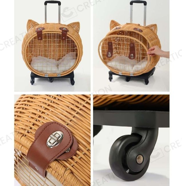 手作り籐かごペットキャリーカート猫かご小型犬ケージとカート猫小動物ラタン製取り外し PE籐