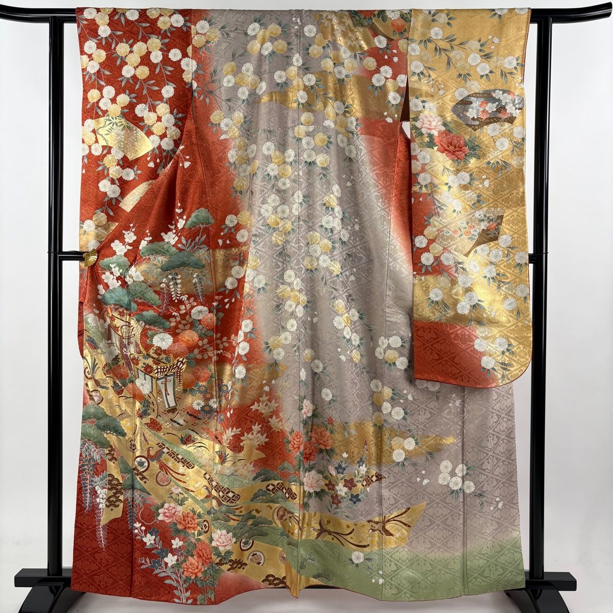 振袖 身丈163cm 裄丈62cm S 袷 御所車 草花 金通し 金彩 朱色 正絹