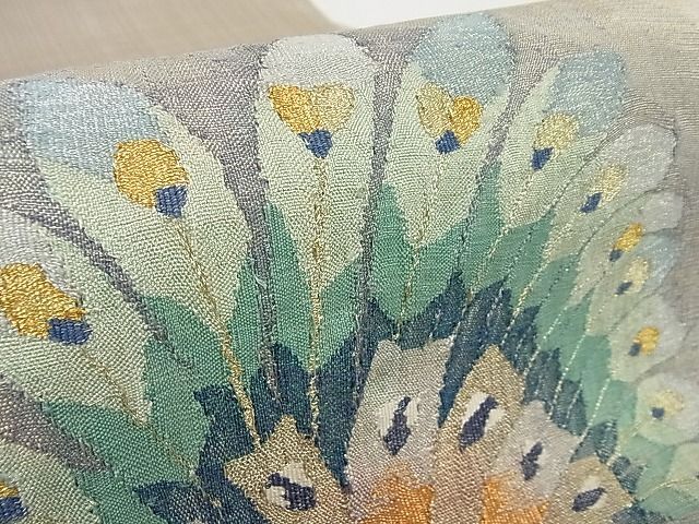 平和屋本店□極上 手織綴れ 山鹿清華 太鼓柄袋帯 孔雀 金通し地 正絹  