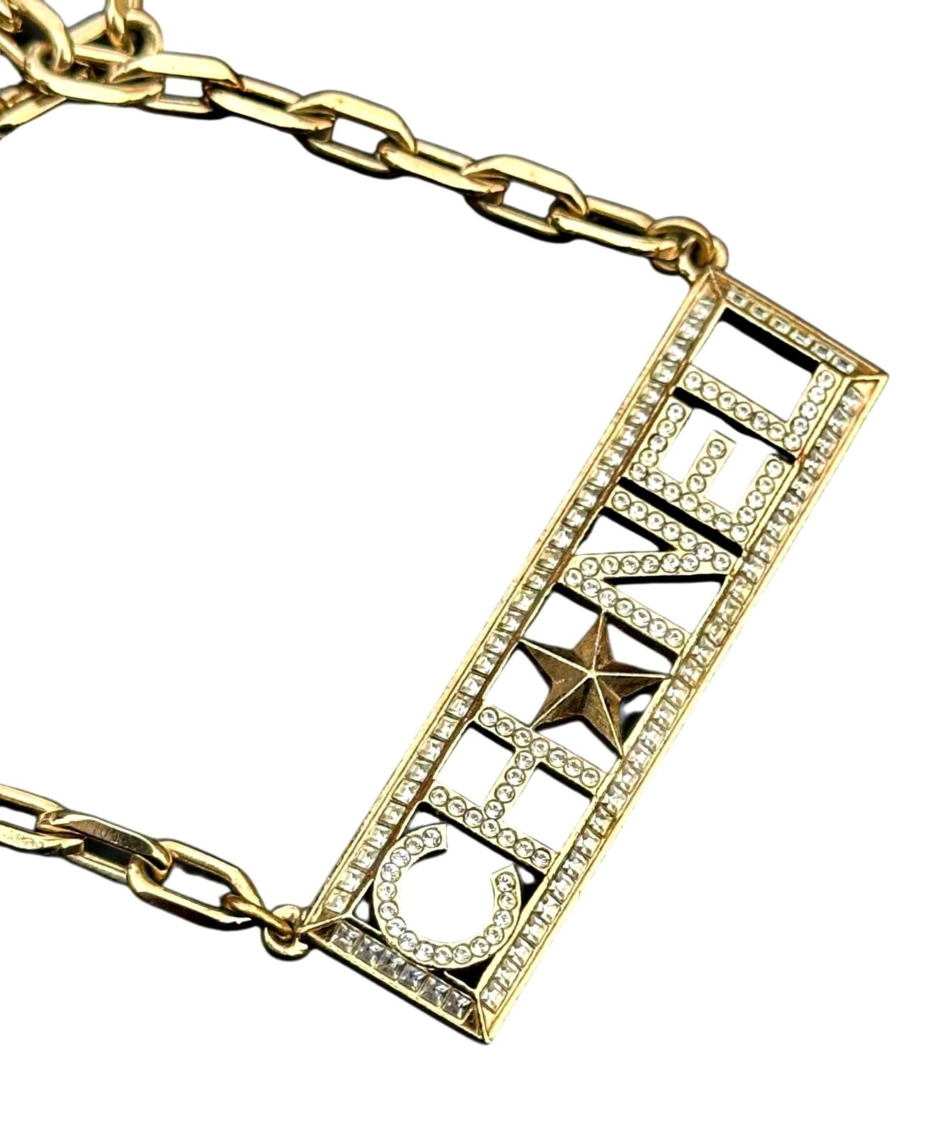 本物 CHANELシャネルアルファベット星スターロゴペンダントラインストーンチェーンGPネックレスチョーカーネックレス刻印あり