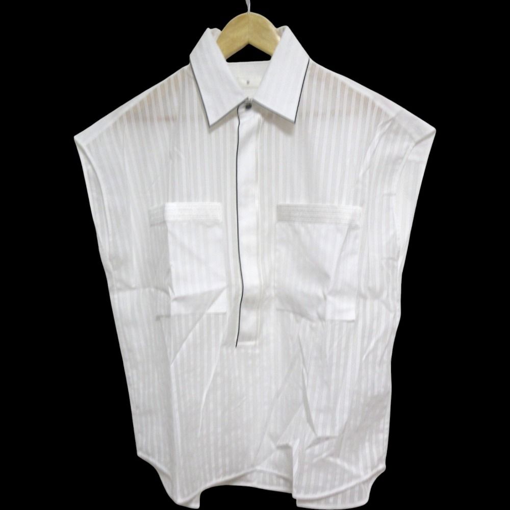 25SS TOMORROWLAND .B トゥモローランド ビー コットンシャドーストライプ ノースリーブシャツ ブラウス サイズ34 ホワイト レディース 古着