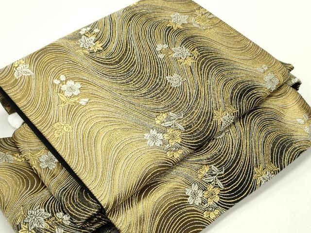 平和屋着物●ワンタッチ つけ帯 唐織 流水草花文 黒地 金銀糸 やまと誂製 正絹 DAAY0182ob