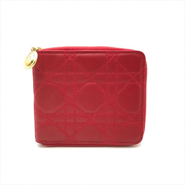 Christian Dior レディディオール カージュ レザー 二つ折り ラウンド コンパクト 財布 ウォレット レディース レッド m14364