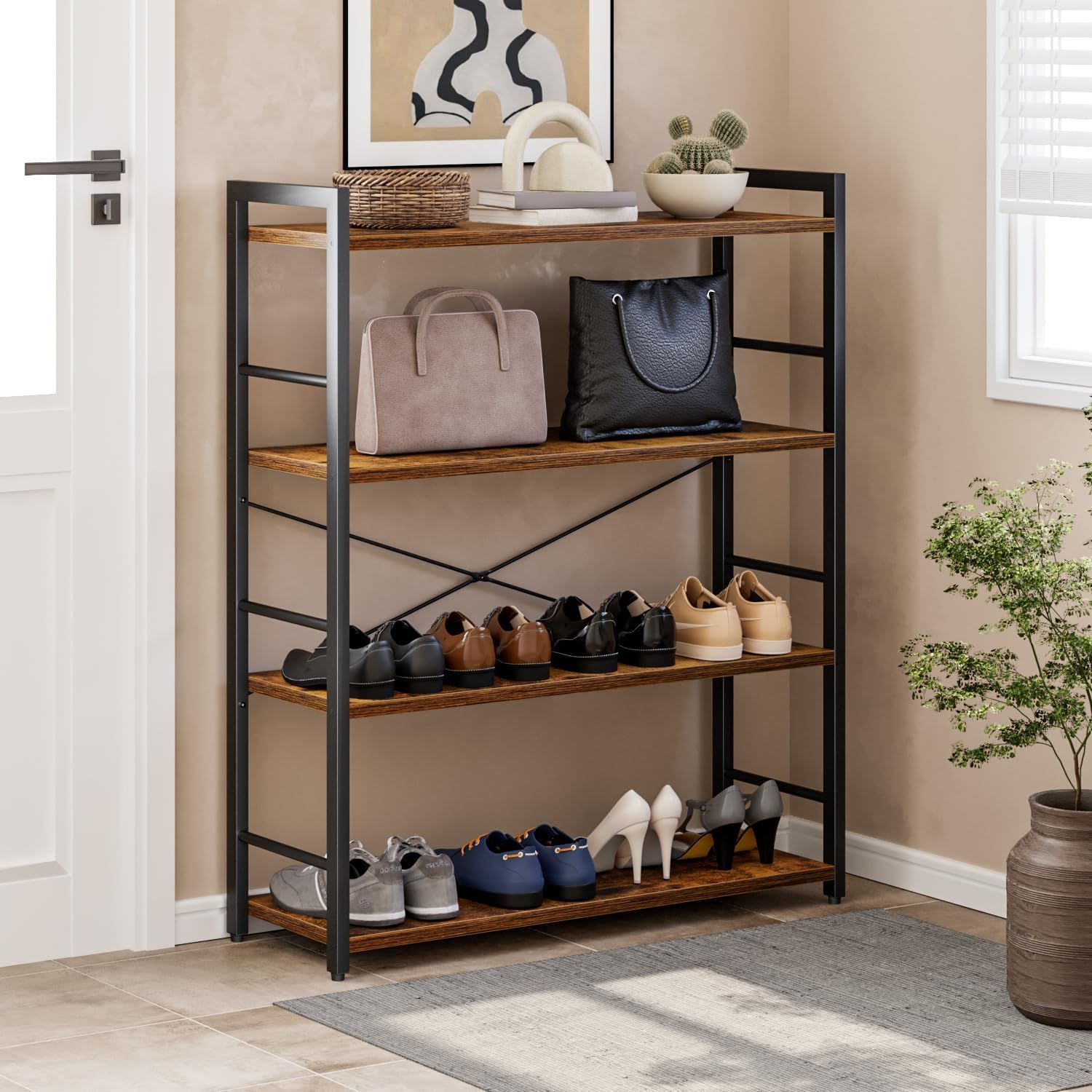 Kukeimaru オープンシェルフ ラック 棚 4段 ワイド コンパクト 大容量収納 本棚 キッチンラック 収納 組立簡単 調整脚付き 幅80cm×奥行30cm×高さ109cm レトロ ブラウン