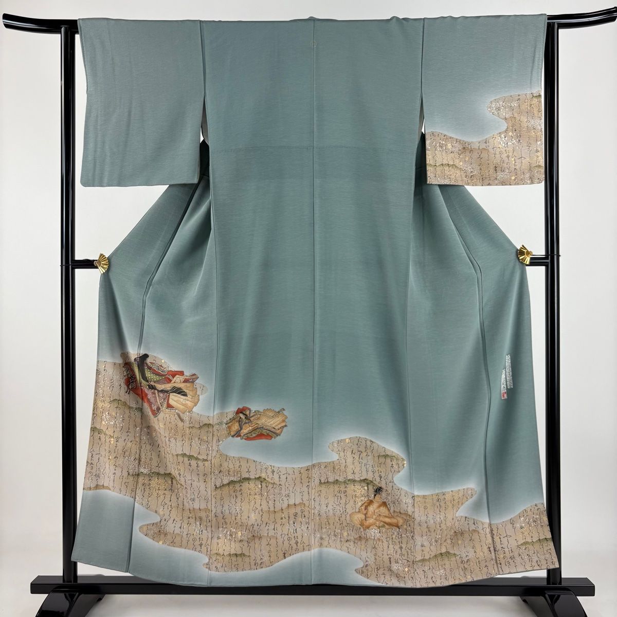 付下げ 身丈156cm 裄丈63cm S 袷 樽本伊勢蔵 落款 姫 文字 金銀彩 ぼかし 灰緑 正絹 名品 一つ紋