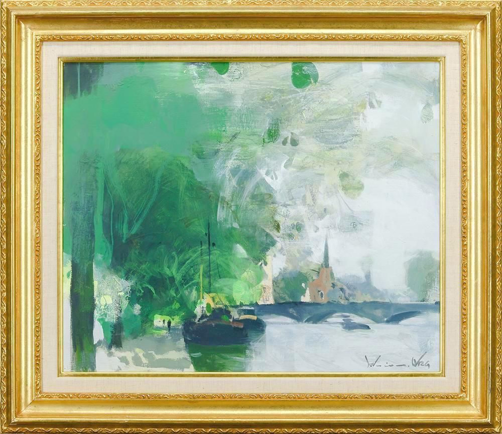 真作 WISH 岡義実 アムステルダム 油彩 12号 大作 1980年作 緑濃い街並みの運河と教会 〇在仏巨匠 印象派継承 25093123