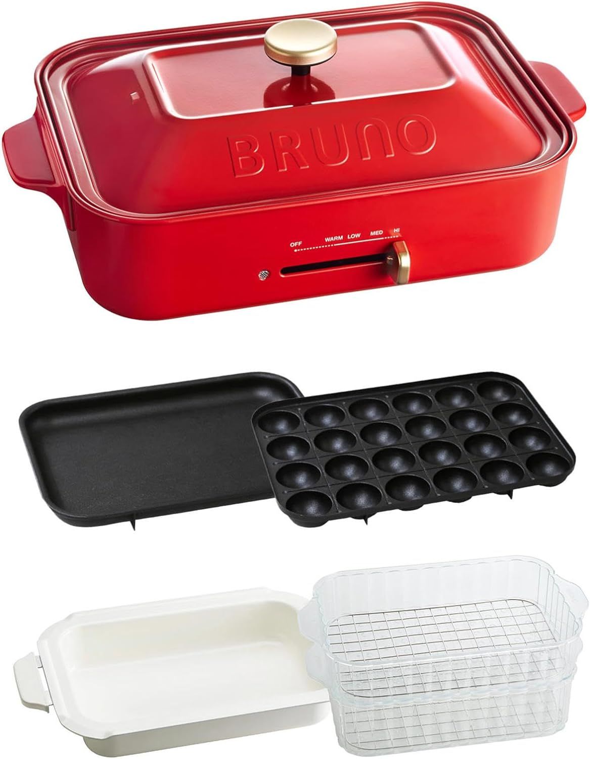 BRUNO ブルーノ コンパクトホットプレート 本体 プレート4種 たこ焼き セラミックコート鍋 平面 スチーマー レッド Red 赤 おしゃれ かわいい これ1台 蓋 ふた付き 1200w 温度調節 洗いやすい 1人 2人 3人 用 小型 小さいサイズ