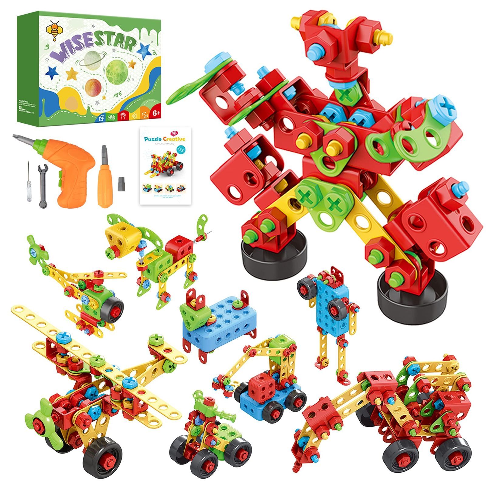 超激得，低価 【特価商品】WISESTAR 446PCS 大工 ブロック 電動ドリルおもちゃ 組み立て ネジ 大工さんセット ロボット ヘリコプター 動物 交通機関 男の子 収納ボックス STEM玩具 立体パズル ゲーム モデル DIY その他