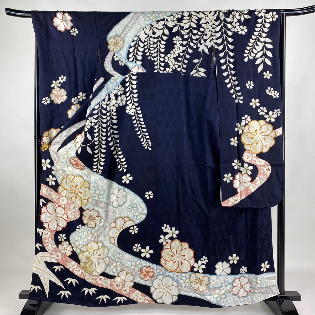 振袖 身丈160.5cm 裄丈68cm L 袷 花 笹 金糸 金彩 濃紺 正絹 名品