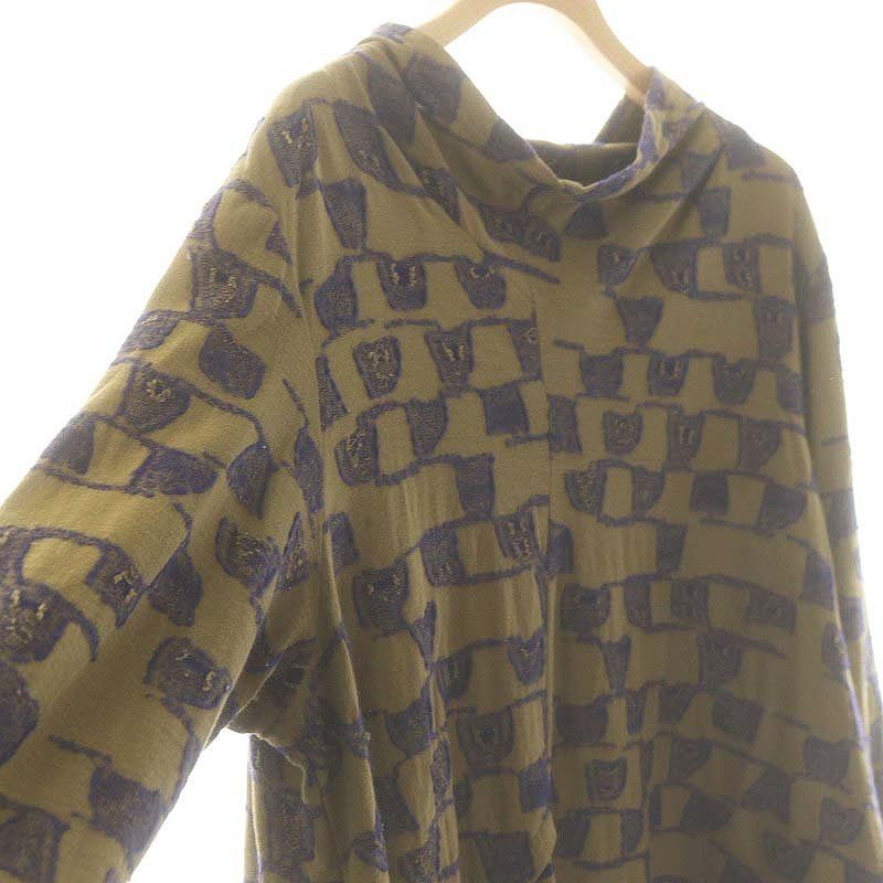 ジウ 慈雨 総柄 カットソー ハイネック 長袖 40 カーキ ネイビー