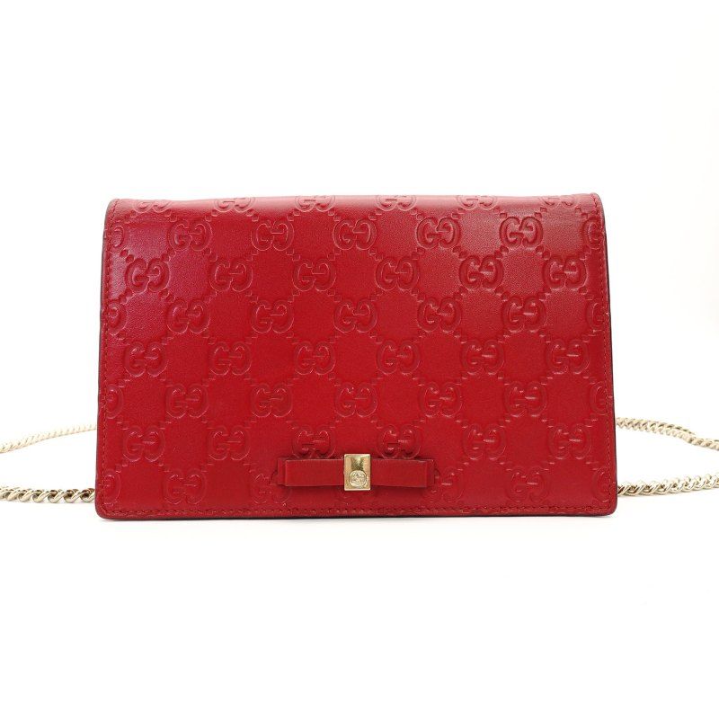 グッチ GUCCI GGロゴ チェーン ショルダーバッグ レザー レッド 赤 リボン クロスボディ 7-9-031