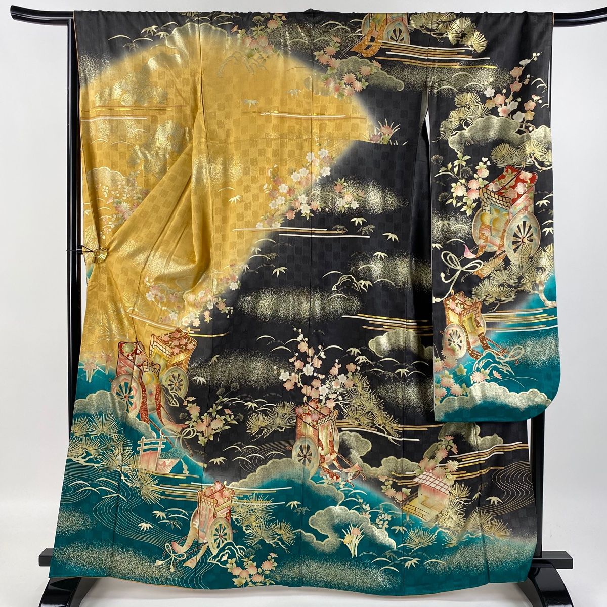 振袖フルセット 身丈162.5裄64 豪華振袖 緑 チャコール 刺繍柄 シンプル 381 振袖フルセット 正絹 黄緑 グリーン 絞り 総刺繍 駒刺繍