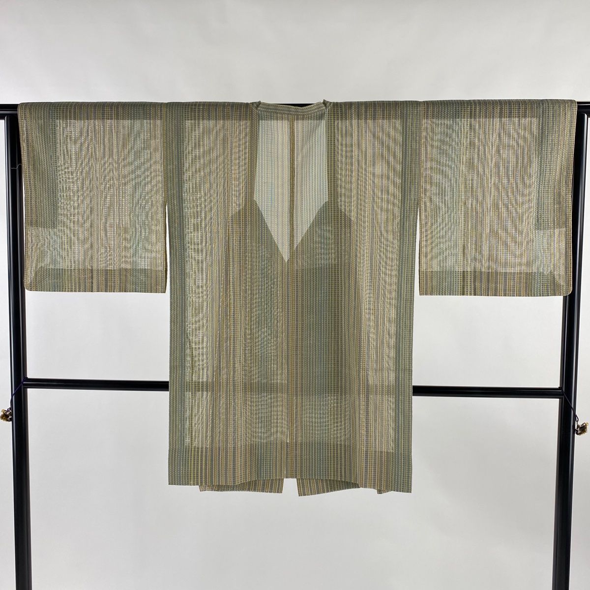 道行 身丈90cm 裄丈64.5cm M 和装コート 角衿 縞 茶緑色 正絹 名品