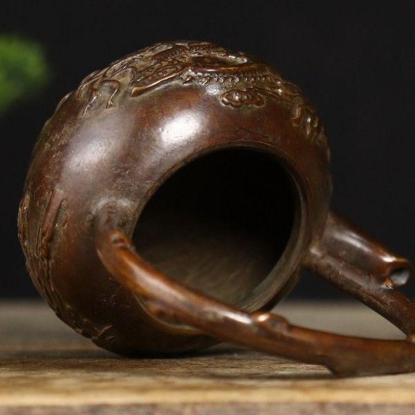 銅器 茶壺 提梁壺 煎茶器 茶道具 工芸品 置物 銅 細工 茶道具 浮彫り 福