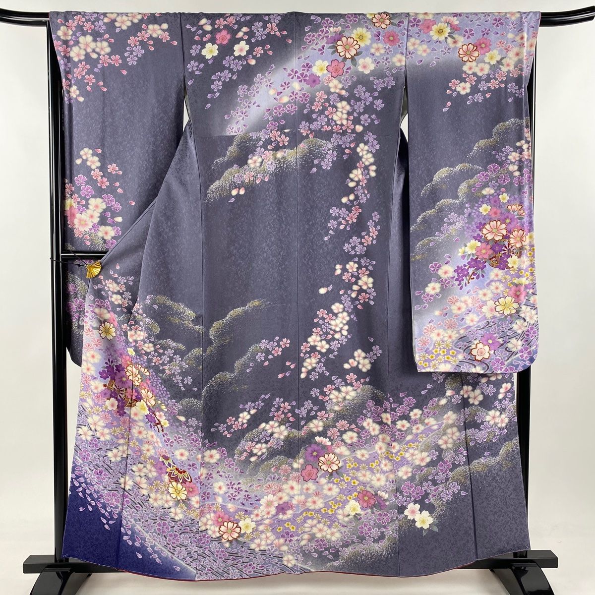 振袖 身丈160cm 裄丈67cm M 袷 花車 草花 金糸 銀通し 灰色 正絹