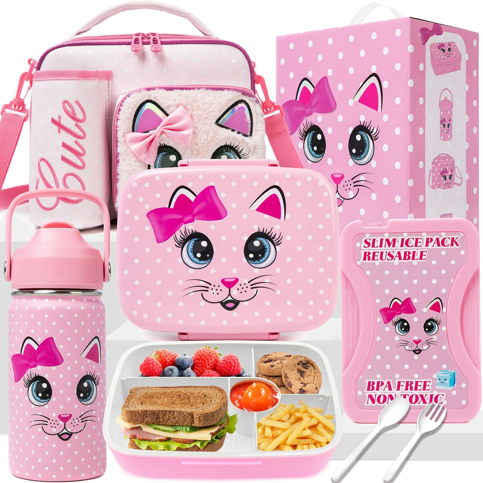 新着商品 5歳から12歳の女の子向け愛らしいピンク猫テーマの弁当箱セット - 耐久性と防漏性アイスパックステンレス製ウォーターボトル再利用可能なランチバッグ付き - 学校幼稚園デイケアに最適 - かわいい軽量で汚れに強いランチボックスアクセサ