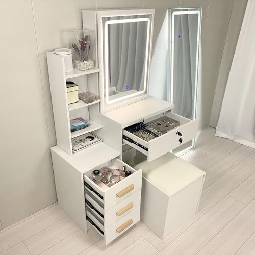 本日限定）ドレッサー コンパクト 白 3色LED ライト収納沢山 化粧台
