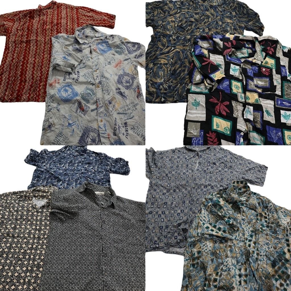 100%新品，人気 古着卸 まとめ売り 総柄 半袖シャツ 9枚セット (メンズ Ｌ ) リーフ柄 オープンカラー デザイン マルチカラー 中古 古着 NA4049 その他