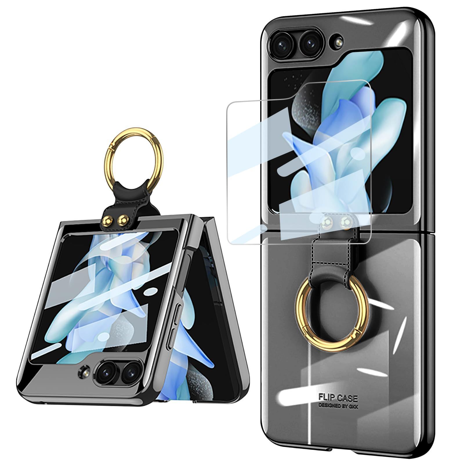 新品 FODDOM Galaxy Z Flip6 ケース リング付き 純正 メッキ PC クリスタルカバー ガラスフィルム取り外し可能/レンズ保護/傷防止/耐衝撃/ワイヤレス充電可能 超薄透明ケース (ブラック)