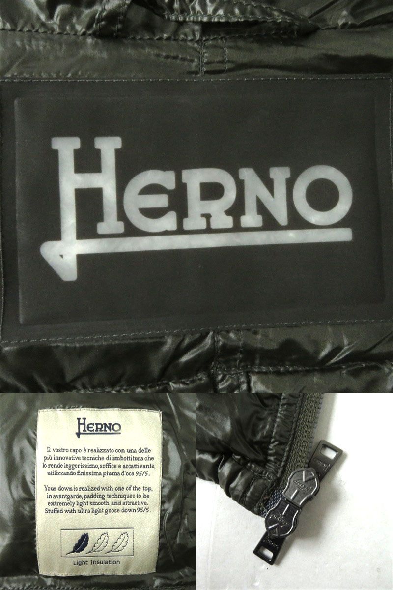 47cm着丈美品◎正規品 ルーマニア製 HERNO ヘルノ 21120 LAVJPI レディース フード付き ライト ダウンジャケット カーキ サイズ40 シンプル◎