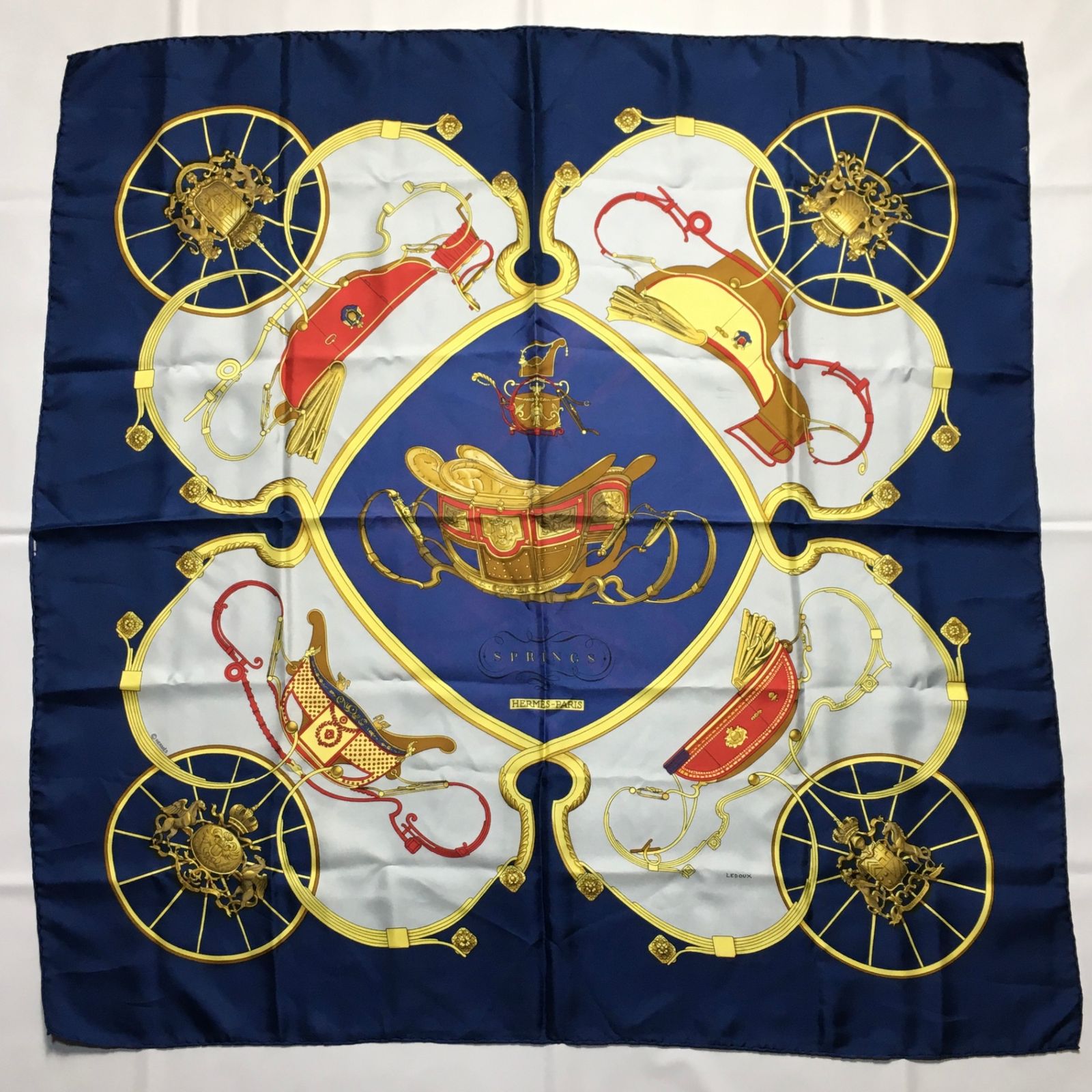 2509-32｜美品｜エルメス カレ 90 スカーフ シルク ネイビー タグあり  