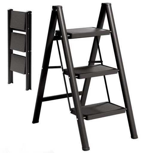 Ngardk脚立3段軽量室内-脚立おしゃれ折畳みステップ折りたたみコンパクト梯子(3段ブラック)