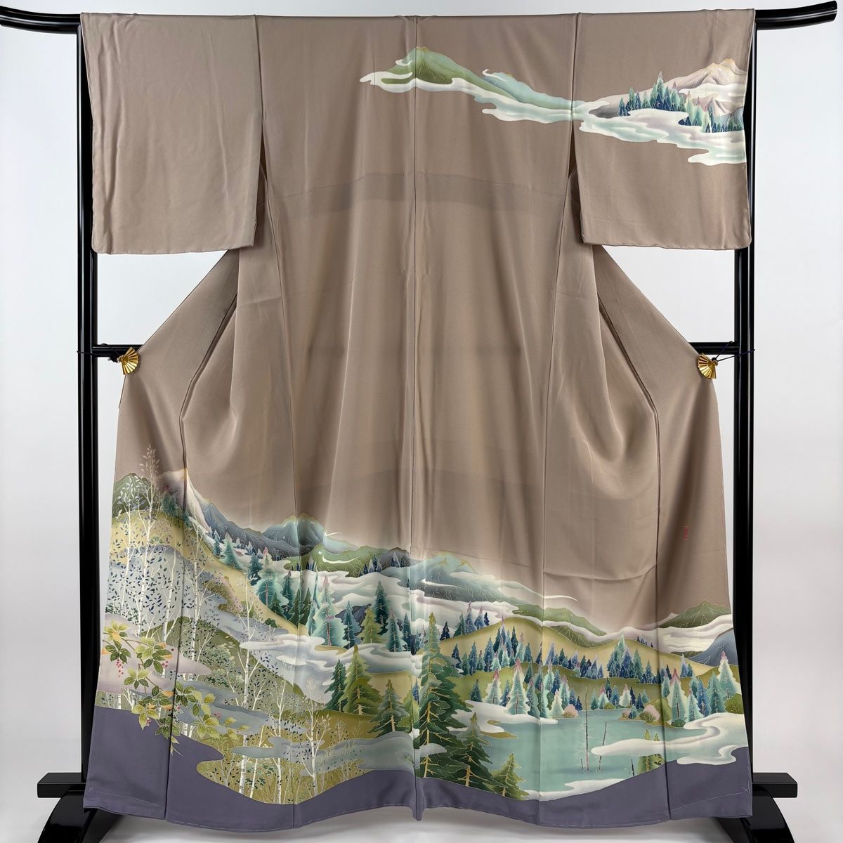 訪問着 身丈163cm 裄丈65cm M 袷 落款 風景 葉と実 ぼかし 薄茶色 正絹