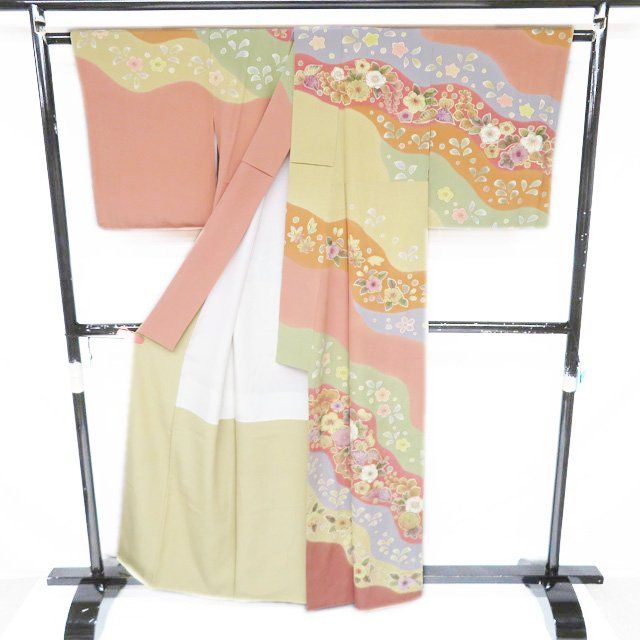 平和屋着物▽訪問着 単衣 刺繍 笹文 暈し染め 金糸 正絹 逸品