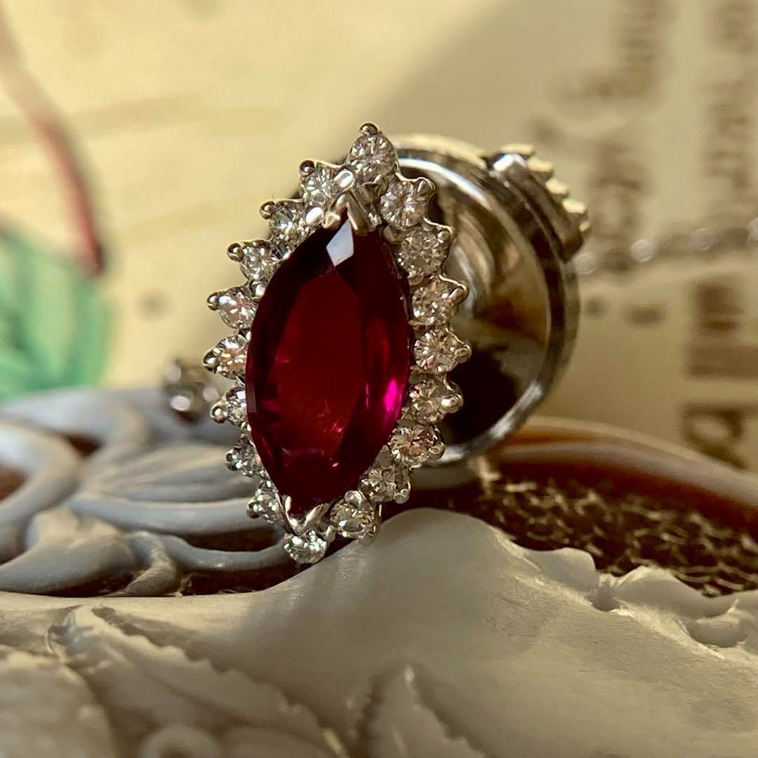 k14 真紅の輝き ビルマ産ルビー0.850ct × ダイヤモンド ピンブローチ｜中央宝石研究所鑑別書付き