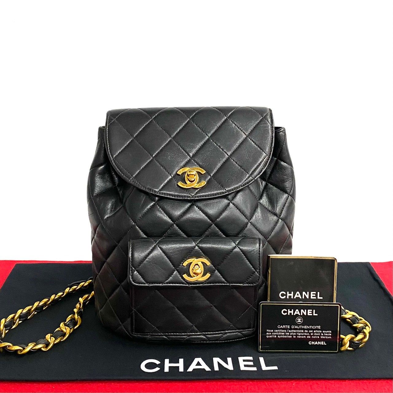 極 美品 シール カード有 3番台 CHANEL シャネル マトラッセ ラムスキン レザー 本革 巾着 リュックサック デイバッグ ブラック 32168