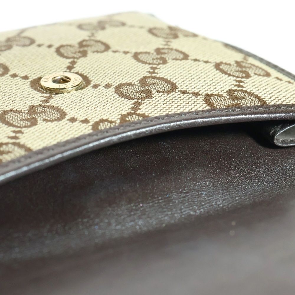 GUCCI (グッチ) GGキャンバス レザー ロゴプレート コンパクトウォレット 二つ折り財布 ゴールド金具 ベージュ/ブラウン ...
