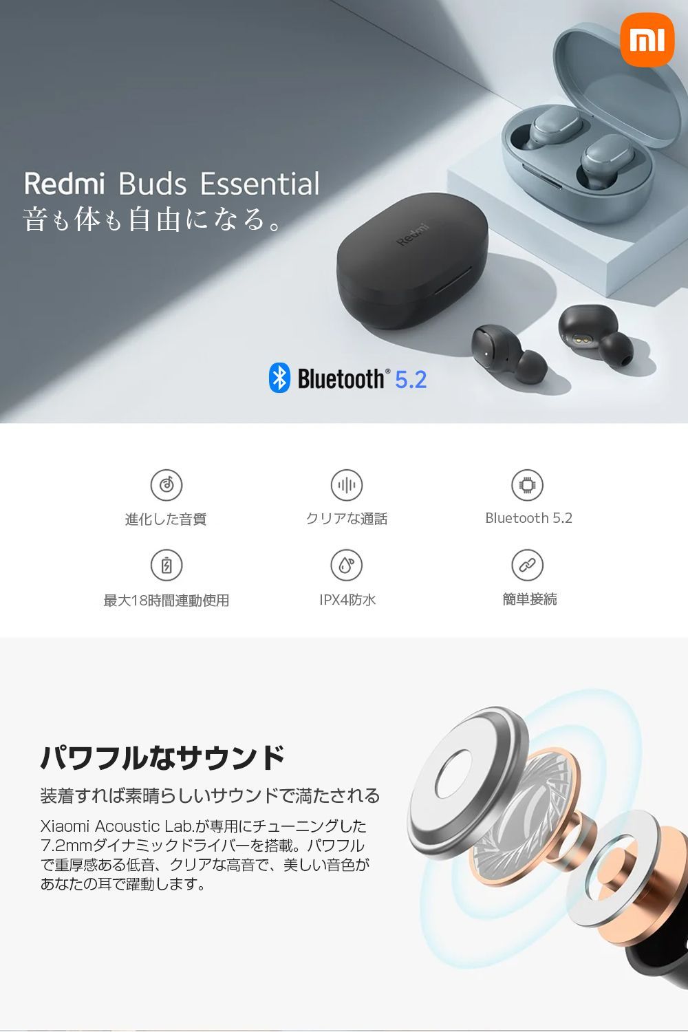 【冬セール&フォロー割|特典付き】Xiaomi Redmi Buds Essential 完全 ワイヤレス イヤホン TWS Bluetooth  5.2対応 軽量 4g 最大18時間音楽再生 ノイズキャンセル機能 IPX4 防水防塵 無線イヤホン 日本語取説