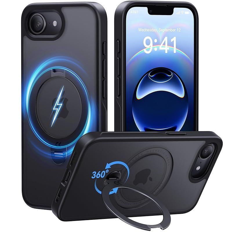 2025最高傑作-定点360度回転 CASEKOO iPhone 16e 用 ケース 米軍MIL規格 耐衝撃 MagSafe対応 高耐久性 横縦両立?角度自由調整 急速充