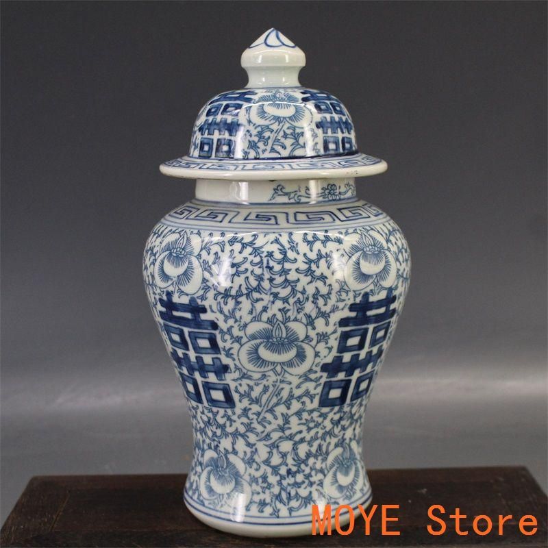 青花双喜纏枝紋将軍蓋 景徳鎮 陶磁器 装飾品 現代工芸品 美術品